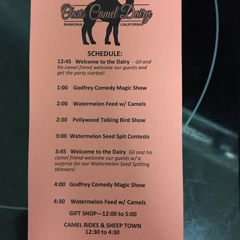 Oasis Camel Dairy - Watermelon Days event schedule. Repeats twice during the day. Oasis Camel Dairy, Ramona CA - Attraction Farms Near Me - Ramona, California Oasis Camel Dairy - Watermelon Days event schedule. Repeats twice during the day. Oasis Camel Dairy, Ramona CA - Attraction Farms Near Me - Ramona, California