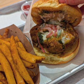 Hot Murga - The masala chicken sandwich and fries. - Indian Near Me - New Haven, Connecticut Hot Murga - The masala chicken sandwich and fries. - Indian Near Me - New Haven, Connecticut