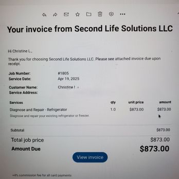 Second Life - Invoice - Appliances & Repair Near Me - Northridge, California