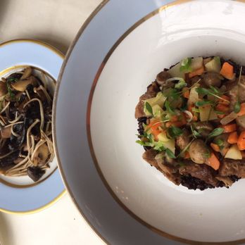 Ladurée - Main course of veal with wild rice and a side order of sautéed wild mushrooms. Bland and cold meal, good side - Macarons Near Me - Paris, 75 Ladurée - Main course of veal with wild rice and a side order of sautéed wild mushrooms. Bland and cold meal, good side - Macarons Near Me - Paris, 75