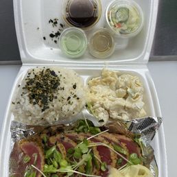 Furikake Ahi Tuna w/ Mac Salad, Ginger, Pickled Vegetables and Ponzu, Wasabi Aioli, and Horseradish Sauce Furikake Ahi Tuna w/ Mac Salad, Ginger, Pickled Vegetables and Ponzu, Wasabi Aioli, and Horseradish Sauce