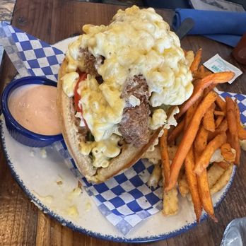Mama Bird - Mac n' Cheese Chicken Tender Waffle Sandwich with sweet potato fries. - Southern Near Me - Las Vegas, Nevada