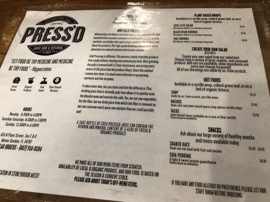 Menu photo 4 Press'd Juice Bar & Kitchen Winter Garden, FL