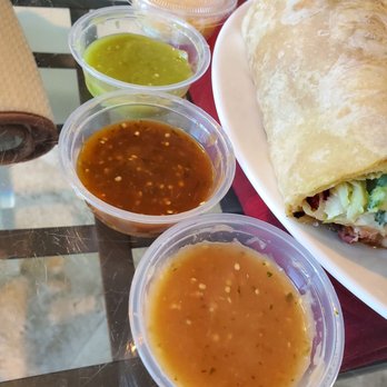 Lupe's Mexican Eatery - Salsas: mild (green), medium (red), and habanero (orange) - Mexican Near Me - Lake Forest, California