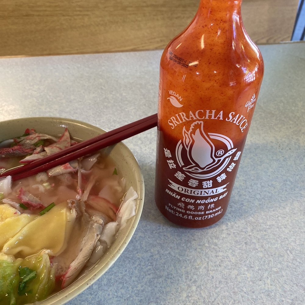 China Chen - Wonton noodle soup with rice noodle. Their new sriracha bottle taste good! - Chinese Near Me - San Jose, California China Chen - Wonton noodle soup with rice noodle. Their new sriracha bottle taste good! - Chinese Near Me - San Jose, California