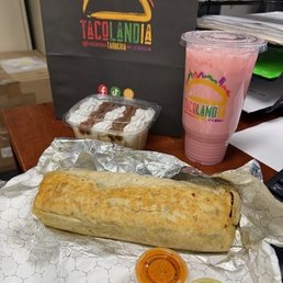A King Burrito, Strawberry Drink, and Milk Cake A King Burrito, Strawberry Drink, and Milk Cake