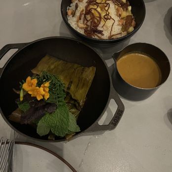Copra - Black cod in banana leaf and peanut sauce with rice - Indian Near Me - San Francisco, California