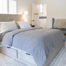 Restoration Hardware bed, side tables, bench, rug