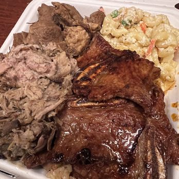 Hawaii Five-O-Three Café - Kalbi ribs, pork adobo, and kalua pig. Sides were two helpings of mac salad and fried rice. - Hawaiian Near Me - McMinnville, Oregon