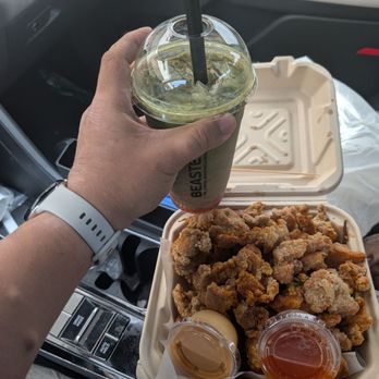 Beastea - The largest amount of popcorn chicken I've received from a bubble tea place and a matcha strawberry bubble tea - Coffee & Tea Near Me - Santa Clara, California