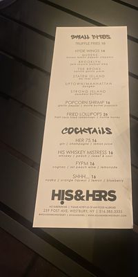 Menu photo 4 His & Hers Bar & Lounge Westbury, NY Menu photo 4 His & Hers Bar & Lounge Westbury, NY