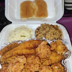 Alton Sterling Soul Food - Fried Catfish, shrimp, dirty rice, roll and potato salad
