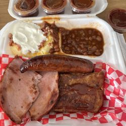 Smokin' Barrel BBQ - Ham pineapple sausage and ribs w/ loaded mash potatoes and beans