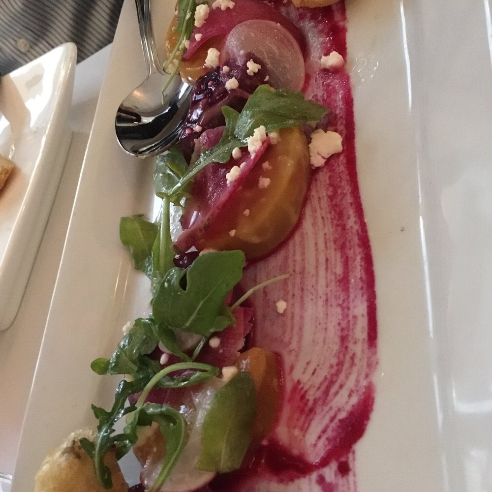 Bistro 45 - Composed Heirloom Beet Salad ($12.45, May 2016) Crumbled Farmstead goat cheese, crispy baby artichokes & red wine vin - New American Near Me - Pasadena, California