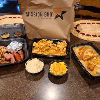 Mission BBQ - Pulled chicken, pork, sausage, potato salad, Mac and cheese, and peach cobbler. - Barbeque Near Me - Roanoke, Virginia Mission BBQ - Pulled chicken, pork, sausage, potato salad, Mac and cheese, and peach cobbler. - Barbeque Near Me - Roanoke, Virginia