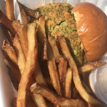 Della J's Delectables - Veggie burger and fries to go. Asked for the shrimp po boy sauce, the Remoulade sauce!! Love it! - Southern Near Me - Alexandria, Virginia