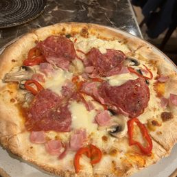 Ham, salami, mushroom, and pepper pizza Ham, salami, mushroom, and pepper pizza