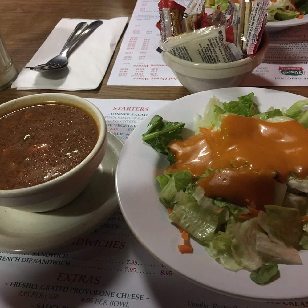 Vince's Spaghetti - Vegetable and beef soup and salad with a delicious French dressing. - Italian Near Me - Ontario, California Vince's Spaghetti - Vegetable and beef soup and salad with a delicious French dressing. - Italian Near Me - Ontario, California