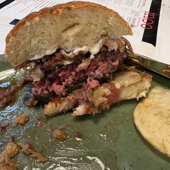 Moo Creamery - This was supposed to be a "medium" burger (Bacon + Brie Burger). Despite being raw in the middle, the edges were tasty! - Burgers Near Me - Bakersfield, California Moo Creamery - This was supposed to be a "medium" burger (Bacon + Brie Burger). Despite being raw in the middle, the edges were tasty! - Burgers Near Me - Bakersfield, California