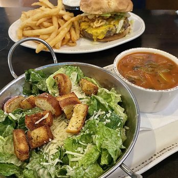 Highland House - Roscoe Burger & Fries and my Caesar Salad with House Minestrone Soup - American Near Me - Highland, Michigan Highland House - Roscoe Burger & Fries and my Caesar Salad with House Minestrone Soup - American Near Me - Highland, Michigan