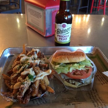 BurgerFi - The "Twenty Eight", "urban style" fries well-done, and a Shiner Prickly Pear. - Burgers Near Me - Avon, Connecticut BurgerFi - The "Twenty Eight", "urban style" fries well-done, and a Shiner Prickly Pear. - Burgers Near Me - Avon, Connecticut
