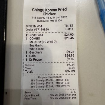 Chingu Korean Fried Chicken - receipt - Korean Near Me - Burnsville, Minnesota