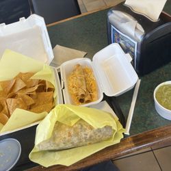 Alfonso's Mexican Food - Carne Asada Burrito Chips and Guacamole 3 Rolled Tacos with Cheese