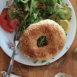 Salmon Bagel with cream cheese and side salad. Delicious!