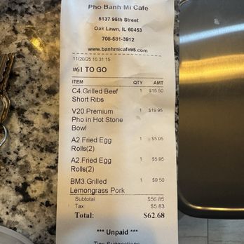 Banh Mi Pho Cafe - Receipt - Vietnamese Near Me - Oak Lawn, Illinois Banh Mi Pho Cafe - Receipt - Vietnamese Near Me - Oak Lawn, Illinois