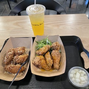 Toridori - Yangyeom spicy and wasabi spring onion wings with peach sparkling water. - Bubble Tea Near Me - Carrollton, Texas Toridori - Yangyeom spicy and wasabi spring onion wings with peach sparkling water. - Bubble Tea Near Me - Carrollton, Texas