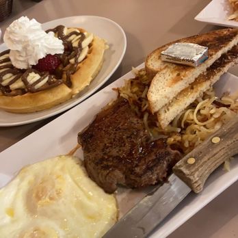Timberline Cafe - Steak & eggs!! Waffle with Nutella, bananas and strawberries:) - American Near Me - West Yellowstone, Montana
