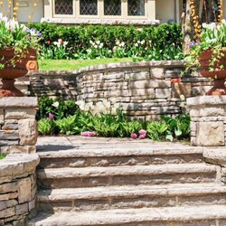 Colorworks Landscape Design - Stone steps, Stone walls, Column piers, Urn planters, Flower beds, Lawn strips, Layered perennials