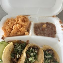 Asada 3 Tacos, Rice and Beans