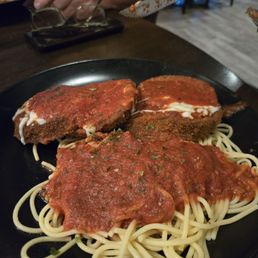 Eggplant parmesan with some spaghetti