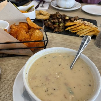 Greystone Brew House - Starting from top- French onion soup, vegetable board, bbq chips and clam chowder. - American Near Me - Dillsburg, Pennsylvania Greystone Brew House - Starting from top- French onion soup, vegetable board, bbq chips and clam chowder. - American Near Me - Dillsburg, Pennsylvania