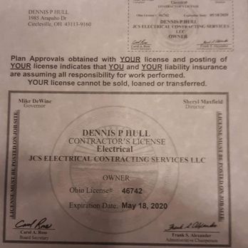 JCS Electrical Contracting Services - If you claim to be a licensed electrician, the company must have this. - Electricians Near Me - Circleville, Ohio