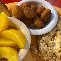 Farmhouse Restaurant - Senior Special: 1 meat (chicken casserole), 2 sides (peaches, corn nuggets) and corn bread