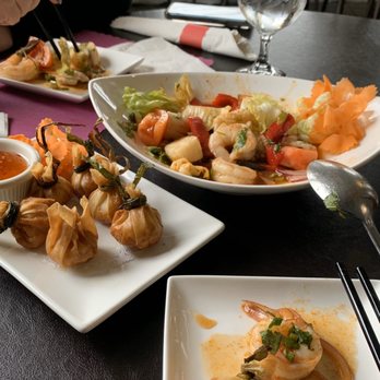 Pho Zaaap - Seafood salad and golden bags, so much seafood in the salad. Lots of scallops, shrimps, squids and great sauce. - Thai Near Me - East Haven, Connecticut