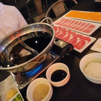 Kaizen Shabu - Half n half, with the regular shabu soup and sukiyaki - Hot Pot Near Me - Santa Ana, California
