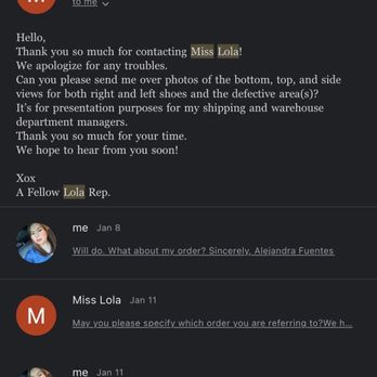 Miss Lola - Email correspondence/image of one damaged pair. - Shoe Stores Near Me - Pico Rivera, California