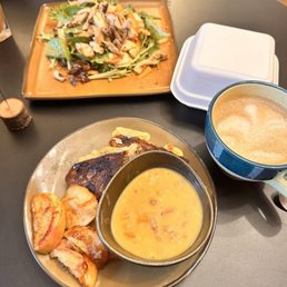 Grilled cheese, latte, soup, salad Grilled cheese, latte, soup, salad