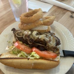 Steak Sandwich with onion rings