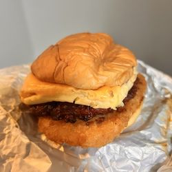 Kasama - Breakfast sandwich: soufflé egg, longanisa, cheese, hash brown