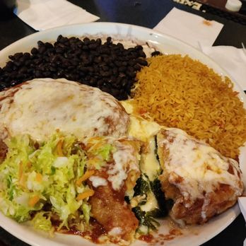 Mexico Lindo - Two huge cheese-stuffed Chile Rellenos with sides. - Mexican Near Me - Melrose, Massachusetts
