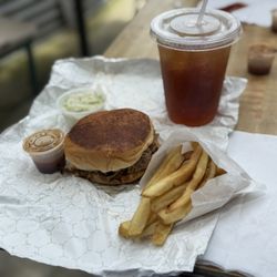 Corner Market BBQ - Pulled pork sandwich, fries, and tea