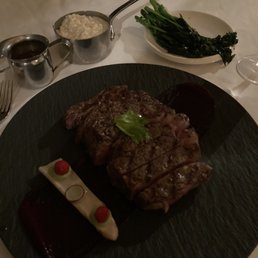 Ribeye, grits, and (not so) charred broccolini