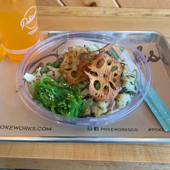 Pokeworks - Poke Noodle bowl, topped with lotus chips with Mandarin orange drink - Poke Near Me - Westport, Connecticut Pokeworks - Poke Noodle bowl, topped with lotus chips with Mandarin orange drink - Poke Near Me - Westport, Connecticut