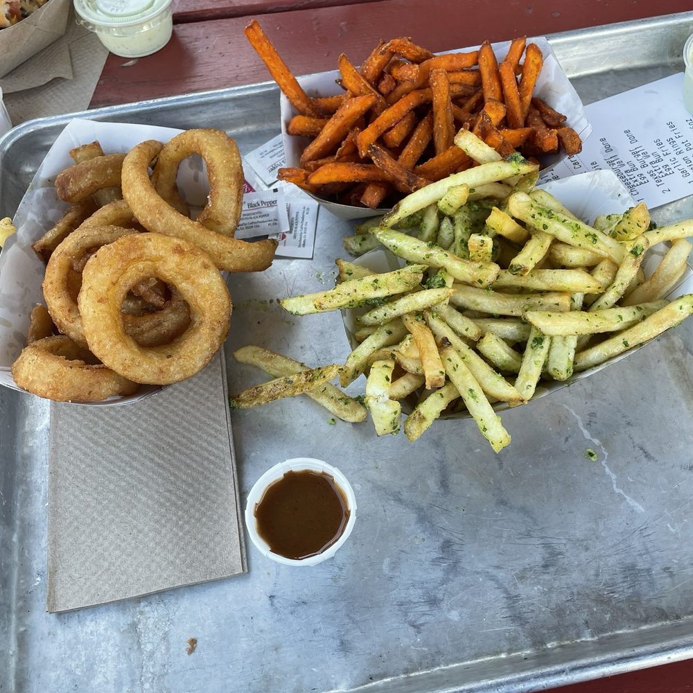 Gott's St. Helena - Onion Rings, Sweet Potato Fries and Garlic Fries! Very yummy! - Burgers Near Me - Saint Helena, California Gott's St. Helena - Onion Rings, Sweet Potato Fries and Garlic Fries! Very yummy! - Burgers Near Me - Saint Helena, California