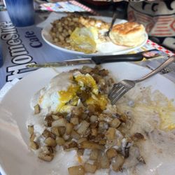 HomeSlice Cafe & Catering - Steak mushroom omelet and sausage gravy and biscuits