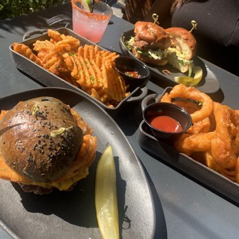 3rd Base LA - Mamba Burger, Chicken Sandwich, Cross-cut French Fries, Onion Rings and Prickly Pear Margarita! - Sports Bars Near Me - Los Angeles, California